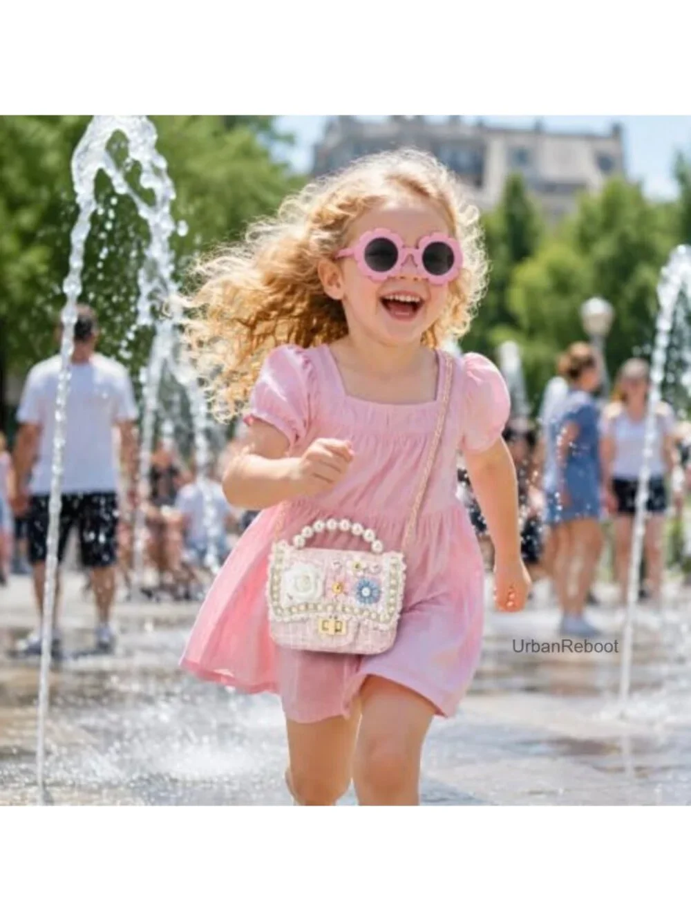 Girls Mini Purse with Sunglasses PU Leather Pearl Flower Chain Bag